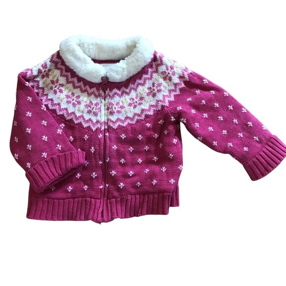 BabyGap Girls Pink Knit Cardigan Sweater W Sherpa Collar Fair Isle Pattern 6-12 - Picture 1 of 7